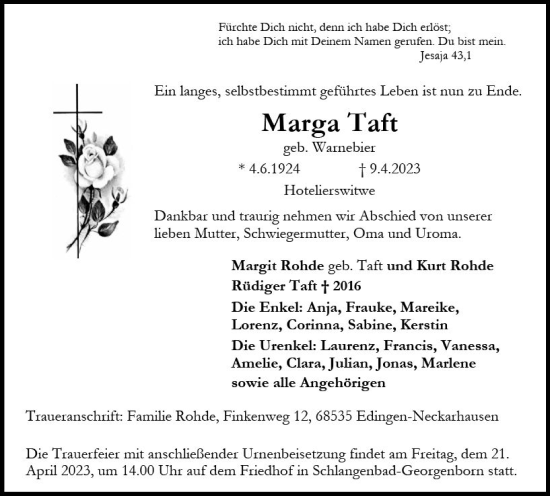 Traueranzeige von Marga Taft von Wiesbadener Kurier