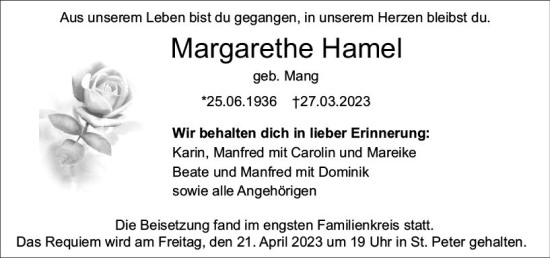 Traueranzeige von Margarethe Hamel von Starkenburger Echo