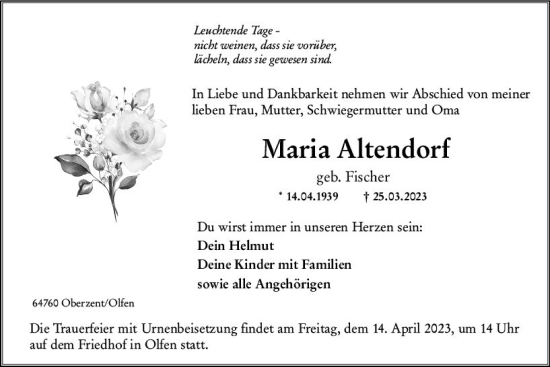Traueranzeige von Maria Altendorf von Odenwälder Echo