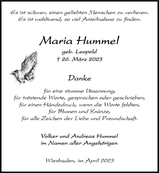Traueranzeige von Maria Hummel von Wiesbadener Kurier