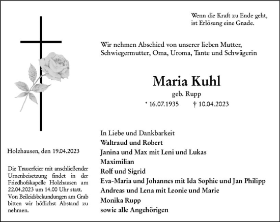 Traueranzeige von Maria Kuhl von Hinterländer Anzeiger