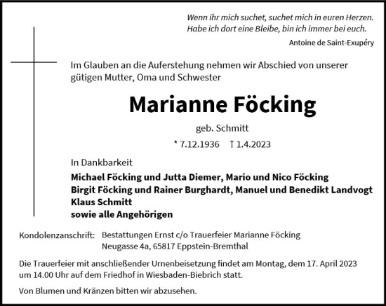 Traueranzeige von Marianne Föcking von Wiesbadener Kurier