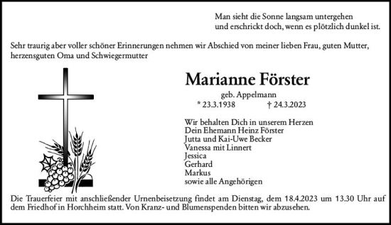Traueranzeige von Marianne Förster von Wormser Zeitung