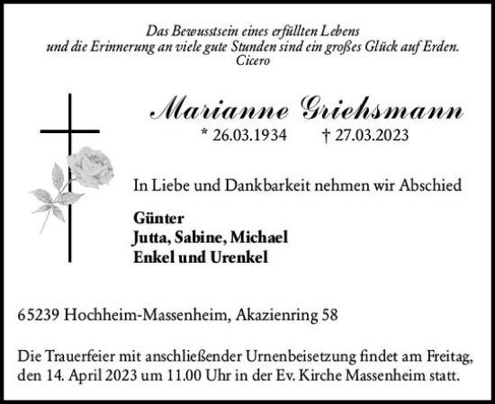 Traueranzeige von Marianne Griehsmann von Hochheimer Zeitung