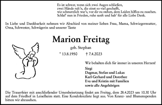 Traueranzeige von Marion Freitag von Wormser Zeitung