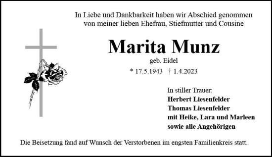 Traueranzeige von Marita Munz von Allgemeine Zeitung Mainz