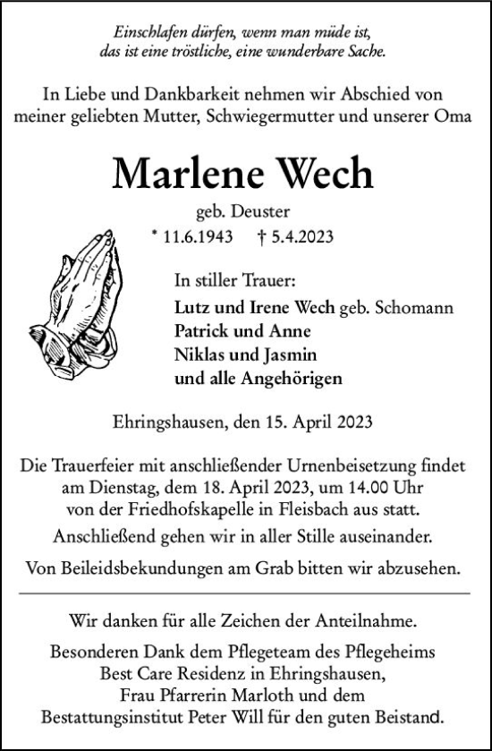 Traueranzeige von Marlene Wech von Dill Block