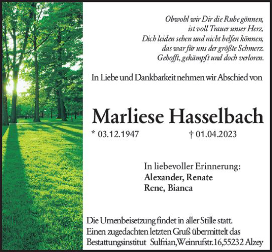 Traueranzeige von Marliese Haselbach von Allgemeine Zeitung Alzey