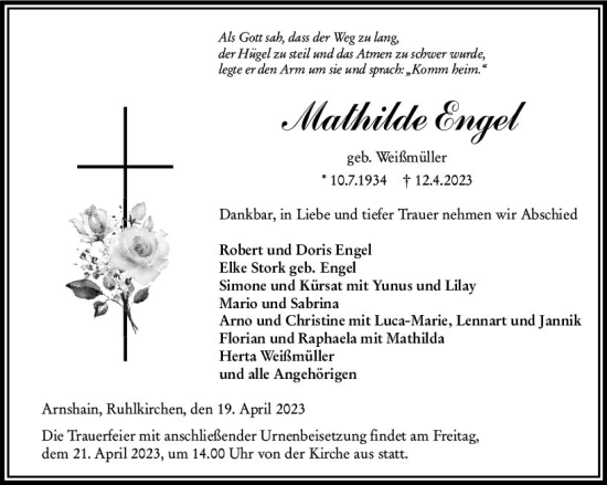 Traueranzeige von Mathilde Engel von VRM Trauer