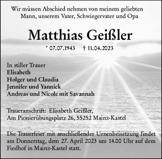 Traueranzeige von Matthias Geißler von Allgemeine Zeitung Mainz