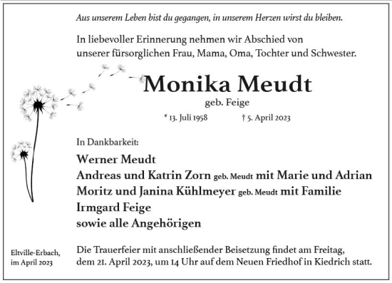 Traueranzeige von Monika Meudt von Wiesbadener Kurier