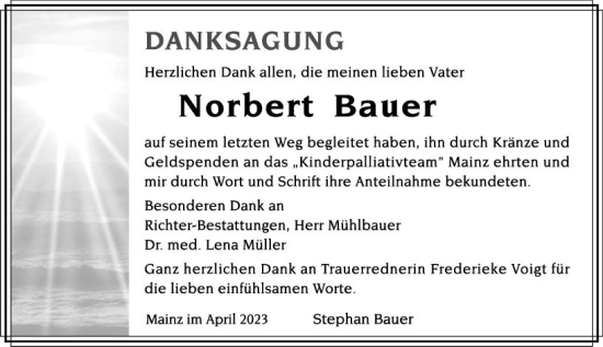 Traueranzeige von Norbert Bauer von Allgemeine Zeitung Mainz