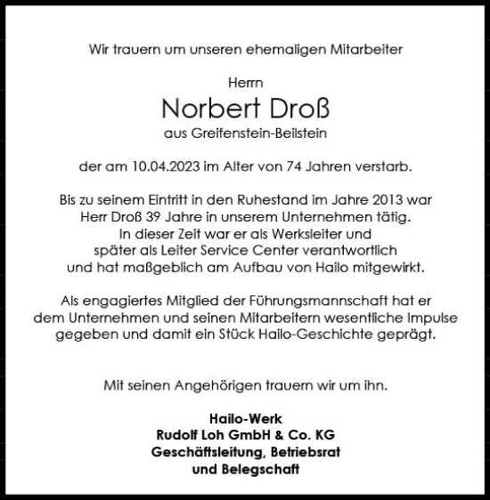 Traueranzeige von Norbert Droß von Dill Block