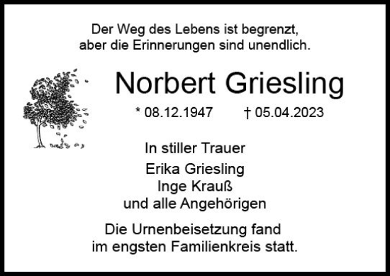 Traueranzeige von Norbert Griesling von Dieburger Anzeiger/Groß-Zimmerner Lokal-Anzeiger