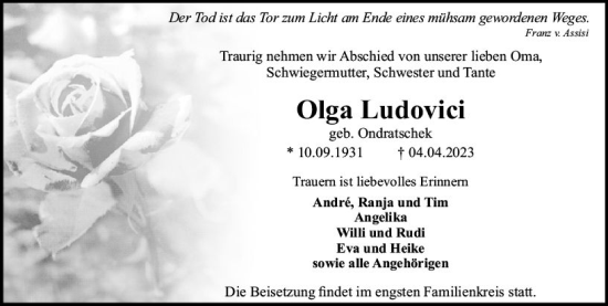 Traueranzeige von Olga Ludovici von Rüsselsheimer Echo