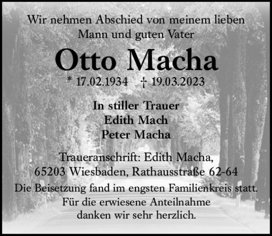 Traueranzeige von Otto Macha von Wiesbadener Kurier
