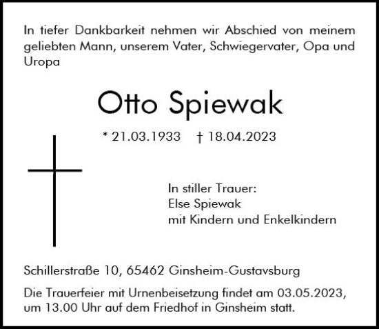 Traueranzeige von Otto Spiewak von Rüsselsheimer Echo