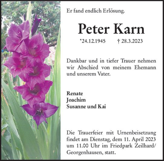 Traueranzeige von Peter Karn von Darmstädter Echo