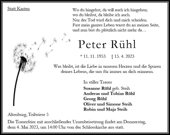Traueranzeige von Peter Rühl von Oberhessen Kurier