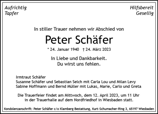 Traueranzeige von Peter Schäfer von Wiesbadener Kurier