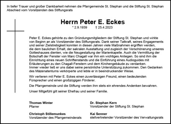 Traueranzeige von Peter Eugen Eckes von Allgemeine Zeitung Bingen/Ingelheim