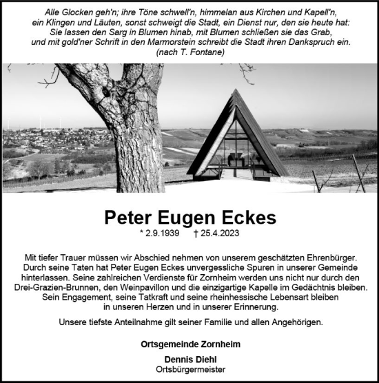 Traueranzeige von Peter Eugen Eckes von Allgemeine Zeitung Bingen/Ingelheim