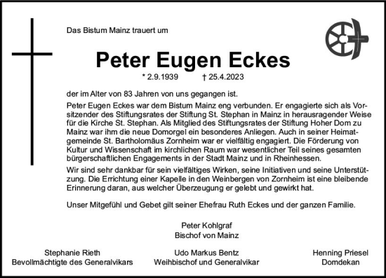 Traueranzeige von Peter Eugen Eckes von Allgemeine Zeitung Mainz
