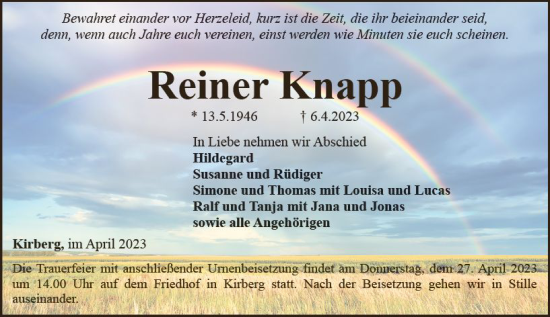 Traueranzeige von Reiner Knapp von Camberger Anzeiger
