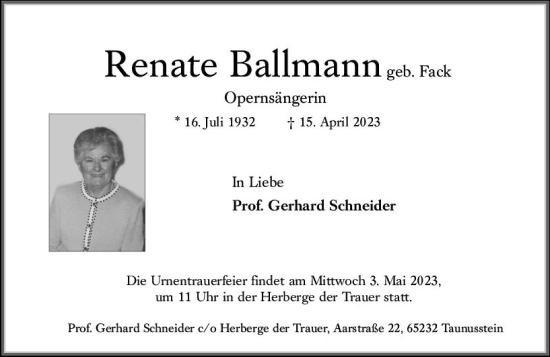 Traueranzeige von Renate Ballmann von Wiesbadener Kurier