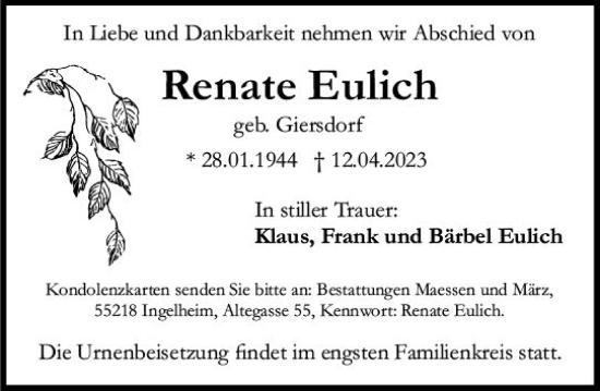 Traueranzeige von Renate Eulich von Allgemeine Zeitung Bingen/Ingelheim
