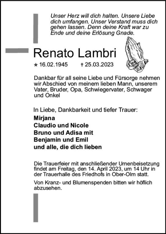 Traueranzeige von Renato Lambri von Allgemeine Zeitung Mainz