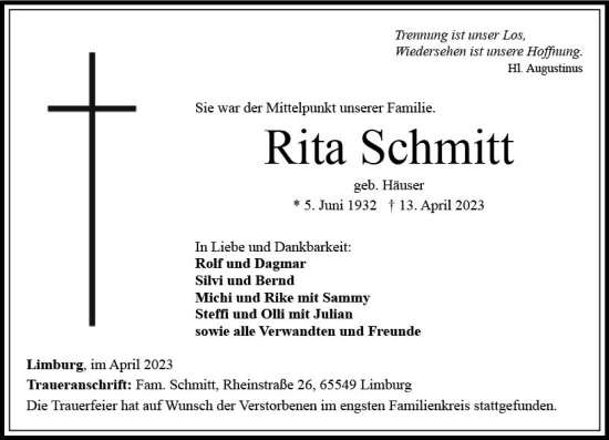 Traueranzeige von Rita Schmitt von Nassauische Neue Presse