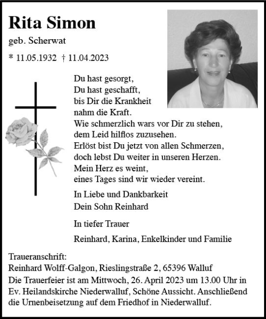 Traueranzeige von Rita Simon von Rheingau Kurier