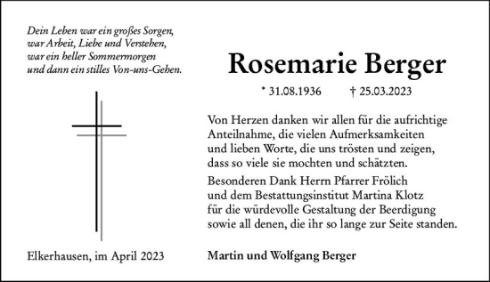 Traueranzeige von Rosemarie Berger von Weilburger Tageblatt
