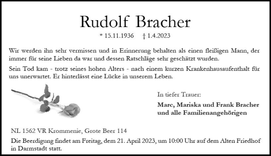 Traueranzeige von Rudolf Bracher von Darmstädter Echo