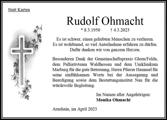 Traueranzeige von Rudolf Ohmacht von Oberhessen Kurier