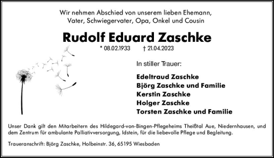 Traueranzeige von Rudolf Eduard Zaschke von Wiesbadener Kurier