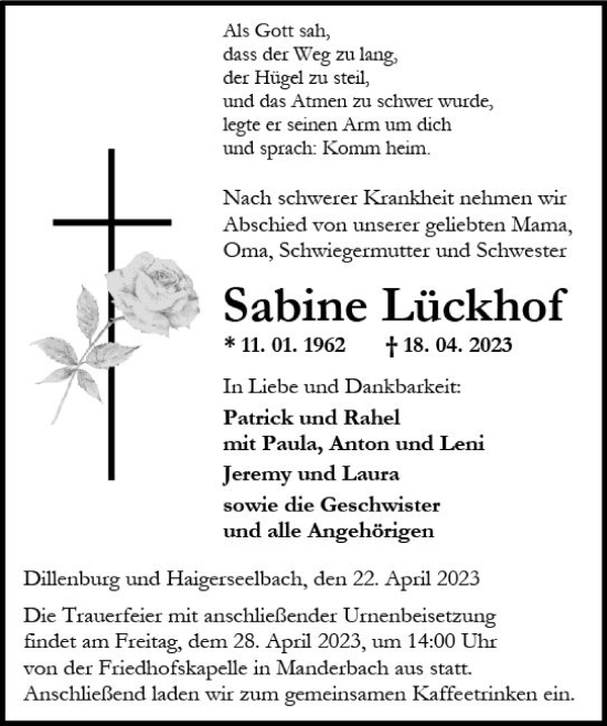 Traueranzeige von Sabine Lückhof von Dill Block