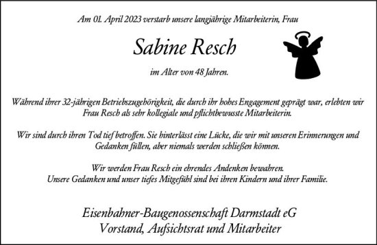 Traueranzeige von Sabine Resch von Darmstädter Echo