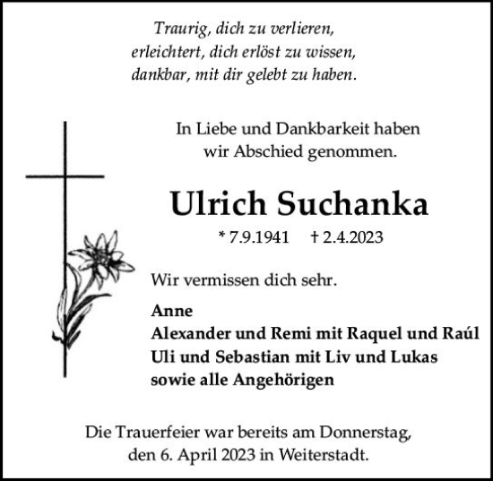 Traueranzeige von Ulrich Suchanka von Darmstädter Echo