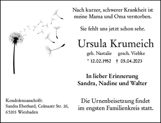 Traueranzeige von Ursula Krumeich von Wiesbadener Kurier