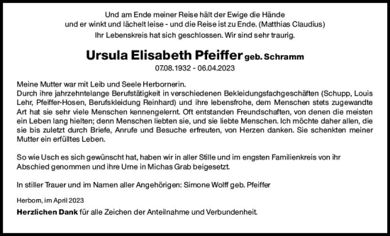 Traueranzeige von Ursula Elisabeth Pfeiffer von Dill Block