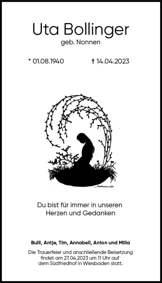 Traueranzeige von Uta Bollinger von Wiesbadener Kurier