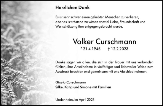 Traueranzeige von Volker Curschmann von Allgemeine Zeitung Mainz