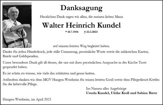 Traueranzeige von Walter Heinrich Kundel von Allgemeine Zeitung Alzey