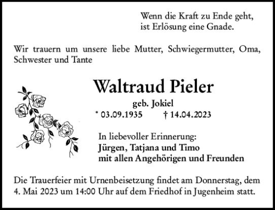 Traueranzeige von Waltraud Pieler von Darmstädter Echo