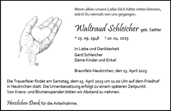 Traueranzeige von Waltraud Schleicher von Wetzlarer Neue Zeitung