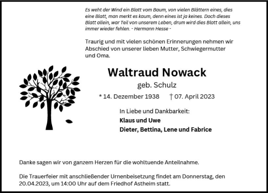 Traueranzeige von Wattraud Nowack von Rüsselsheimer Echo