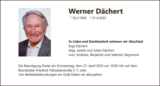Traueranzeige von Werner Dächert von Darmstädter Echo