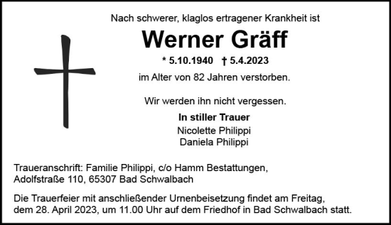 Traueranzeige von Werner Gräff von Wiesbadener Kurier